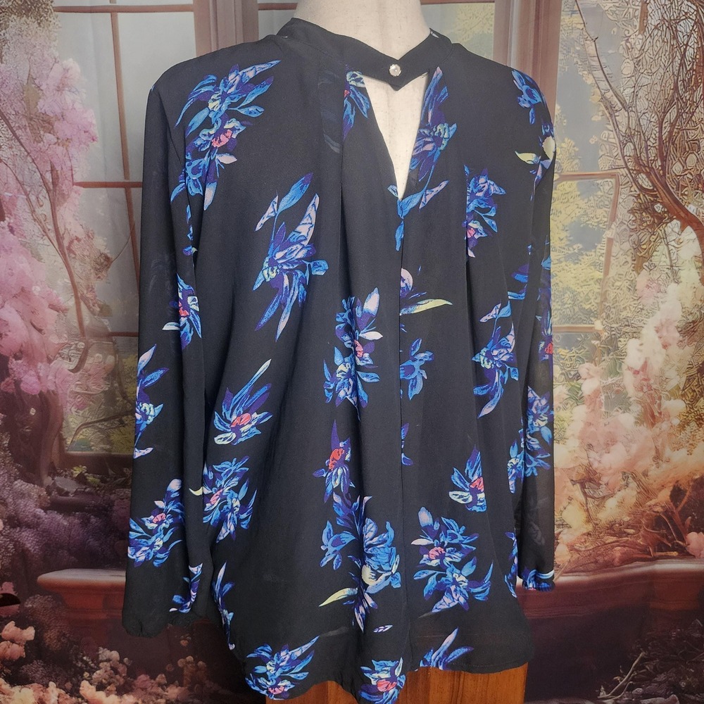 Womens‎ XL Black Sheer Floral Blouse Long Sleeve V-Neck Whimsygoth Top